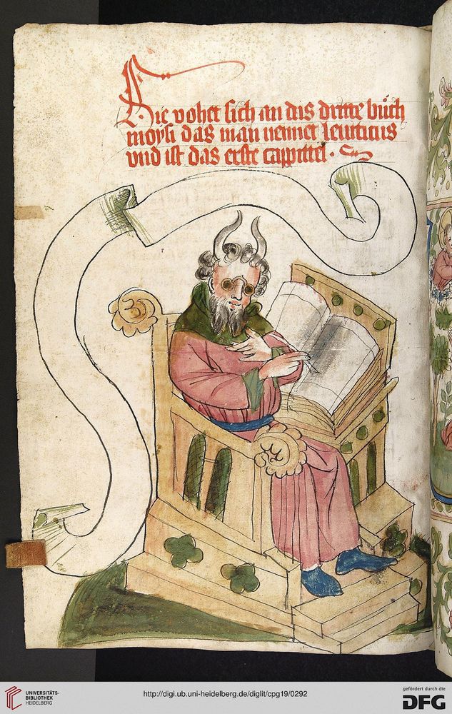 Moses with a beard and wearing spectacles, which were invented around the late 13th century. Moses also shown with horns, a common artistic convention in the Middle Ages stemming from a mistranslation of the Hebrew Bible into Latin.
Source: https://digi.ub.uni-heidelberg.de/diglit/cpg19/0292/image,info