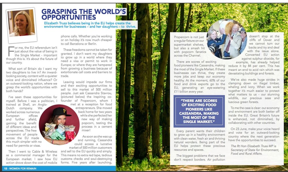 Copy of journal article (Issuu, 2016) featuring Liz Truss, one of the Conservative Party's 'Women for Remain'.
Source: https://www.youtube.com/watch?v=fyKacDmIE4Y