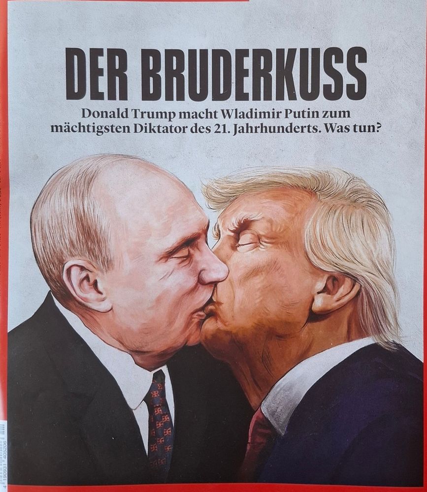 Cover of German Focus magazine (March 2025) showing kiss between Presidents Trump and Putin (alluding to famous graffiti on the Berlin Wall)