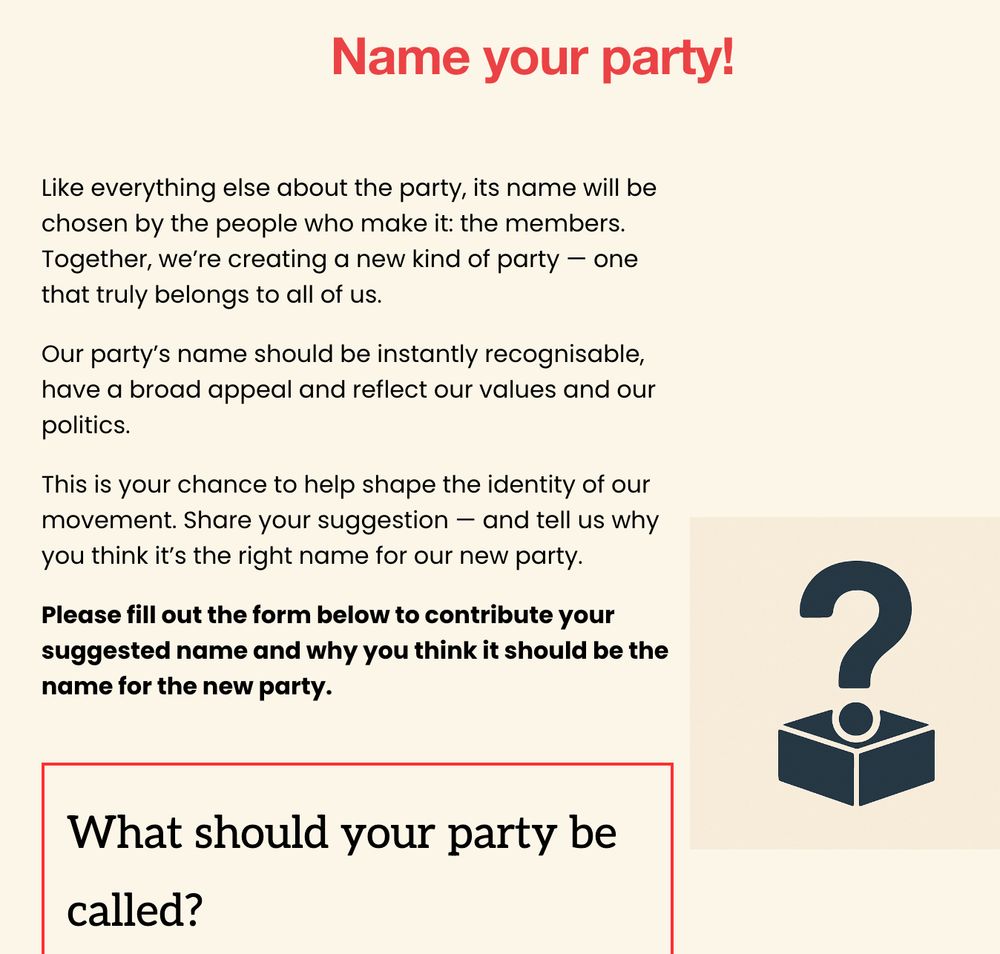 Text of email from Your Party (26 August 2025) inviting people to suggest a name for the party