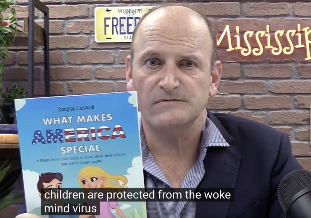 Screenshot of Douglas Carswell promoting his children's book What Makes America Special claiming children need protecting from the 