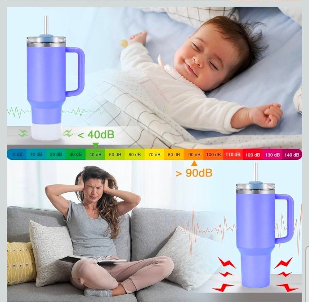Amazon product screenshot. The first picture has a sleeping baby. The baby is so happy. And asleep. There is a stanley tumbler  next to them, and it has a silicone slip boot on the bottom. The baby can sleep because the stanley cup is quiet. 

The second picture has a woman who is TRYING to read, but instead she is covering her ears, because the stanley cup next to HER doesn't have a boot, so it is SO LOUD. 

The picture makes as much sense as this alt text makes. 
