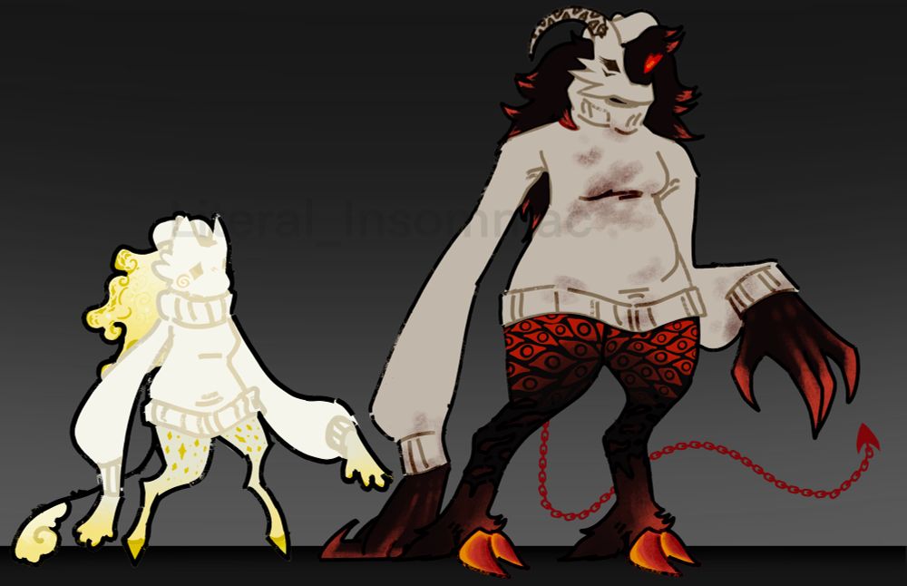 On the left is Dreamer(i believe thats the name) she has long arms, cloud like hair with swirls and stars. She has dainty hooves and paws. She wears a white beret, scarf and turtleneck. On the right is Folly who is wearing a slightly darker less vibrant sweater beret and mask with blood stains. Her mask is shattered and extended with ibex like horns that have aspen markings. She is dark, has red eyes and red hair tips. Her claws are tainted red. She has sturdier red/yellow hooves with ripped pants that have red eyes.