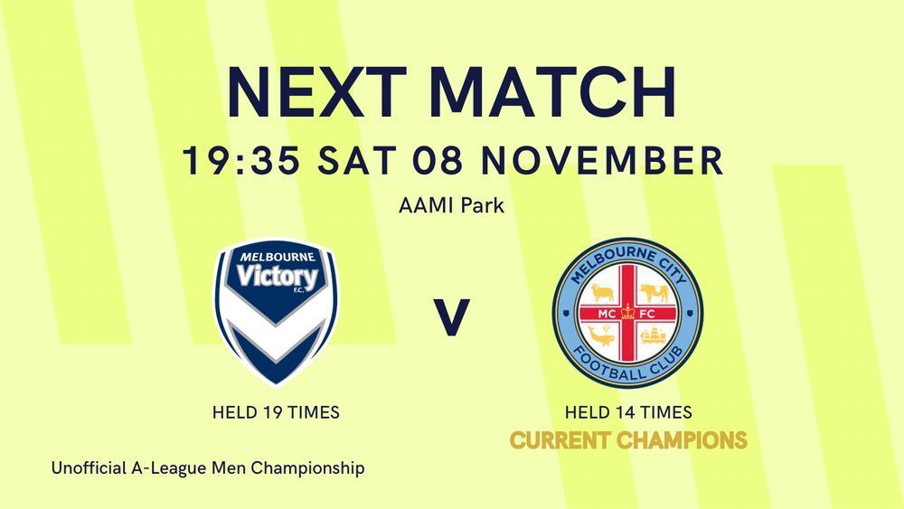 A graphic showing the next match of the Unofficial A-League Men Championship. Melbourne Victory will Play Melbourne City. Victory have held the title 19 times, with City current champs for the 14th time. The game will be at 7:35pm on Saturday 8 November