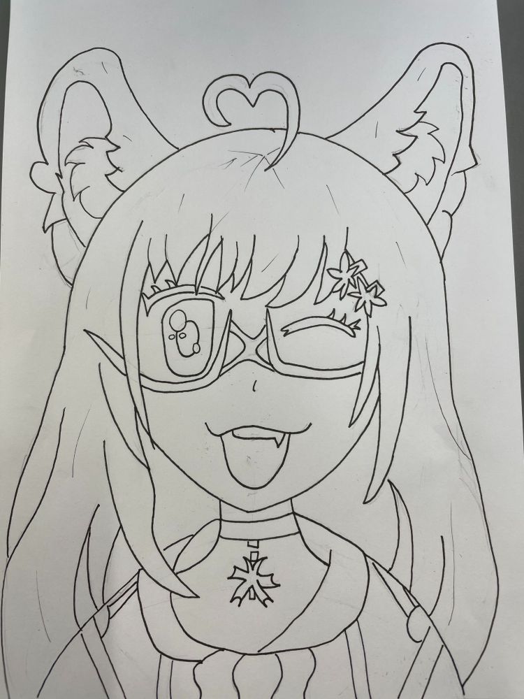 The single most beautiful drawing Mee has of the foxgirl Mee. It's perfection knows no limits, it's beauty, immeasurable, and it is a hand drawn art on a physical piece of paper, made by a beloved friend. She's smiling and winking at the camera (probably about to steal some burgers)