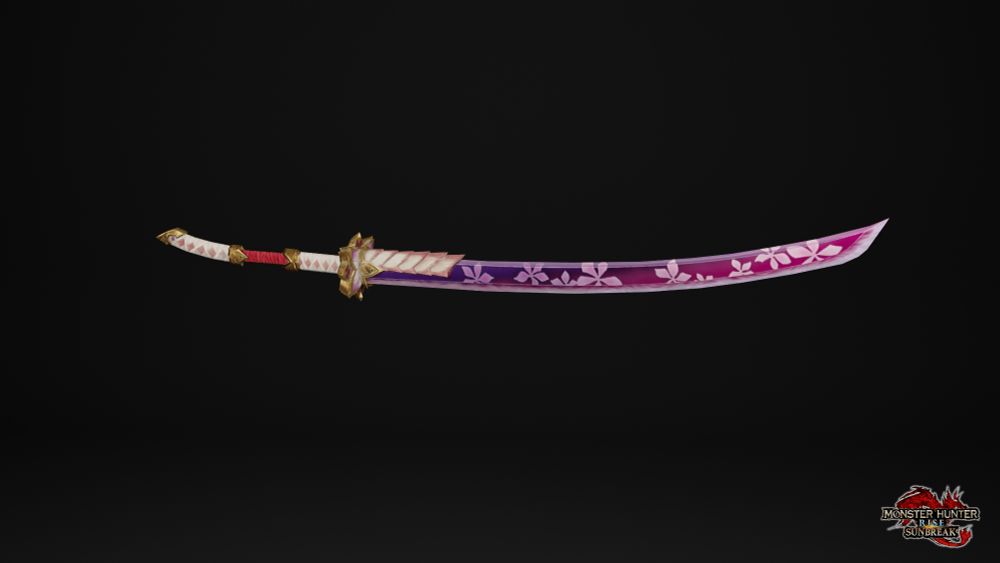 A sword from the game Monster Hunter Rise. It is styled after Mizutsune, a pink fox like dragon that blows bubbles (it's delightful), and is sort of an elegant, curved, katana like blade, but the blade is a gradiant from deep purple to brighter pink, with Sakura petals embossed on it