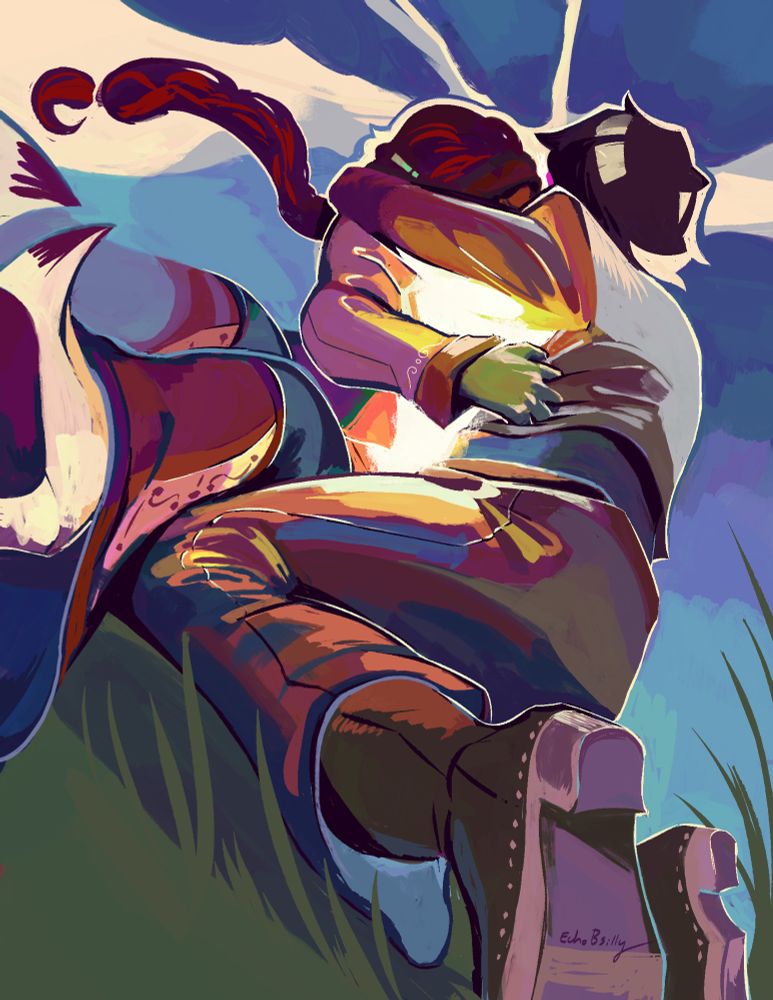 Digital painting of Razzmatazz and King embracing in a tight hug, sitting on the grass under the rift. The camera is at a low angle, and a warm, bright glow emits from between their bodies.