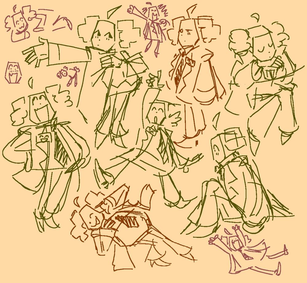 Sketch page of various Dr. Clickies doing gestural poses, like putting on a lab coat, waving his arm, and resting on his elbows.