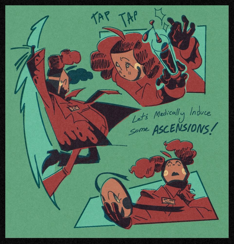 Digital Illustration emulating a print, of 3 Dr. Clickys:  One of them happily dangling off the rift, one of them tapping a syringe, and one of him holding a spare Click Clack mask as wind whips up his hair. Text reads “Let’s medically induce some Ascensions!” 