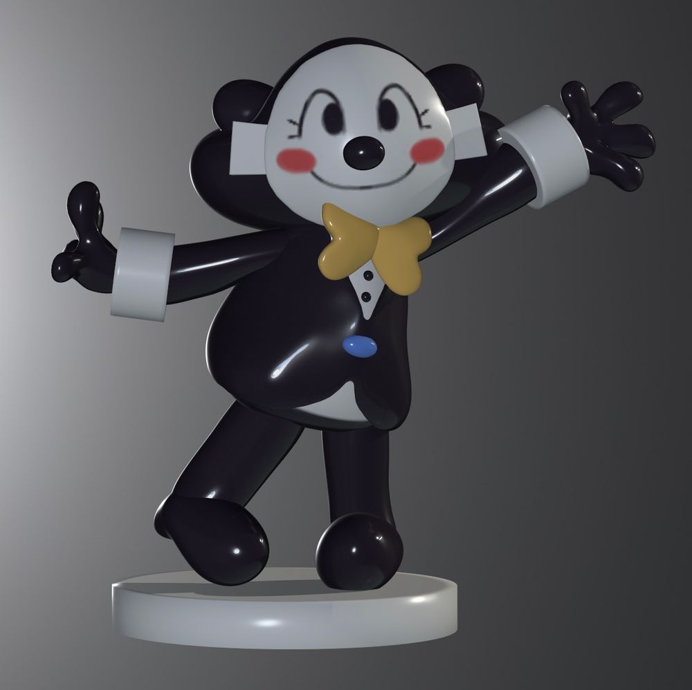Painted 3D sculpt of Static AU Click Clack, created by wishgraanted. Key design features include UPA shape language, a vest with a blue button, yellow bow tie, and a mask with cartoony eyes, big nose and red cheeks. Theyre posed waving to the viewer.