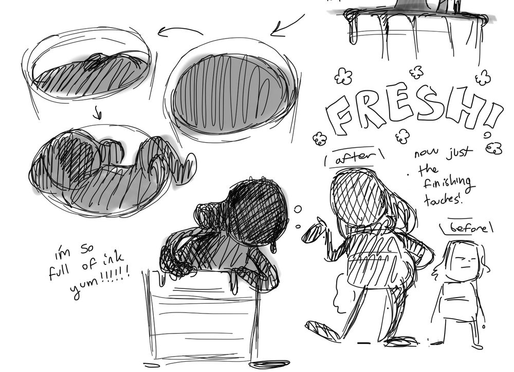 Page 2 of 3.
7: Sequence showing the ink solidify into a now-taller click clack. “I’m so full of ink yum!!!”
8: Before and after height difference of click clack: clean click clack is double the height. “Fresh! Now just the finishing touches!”