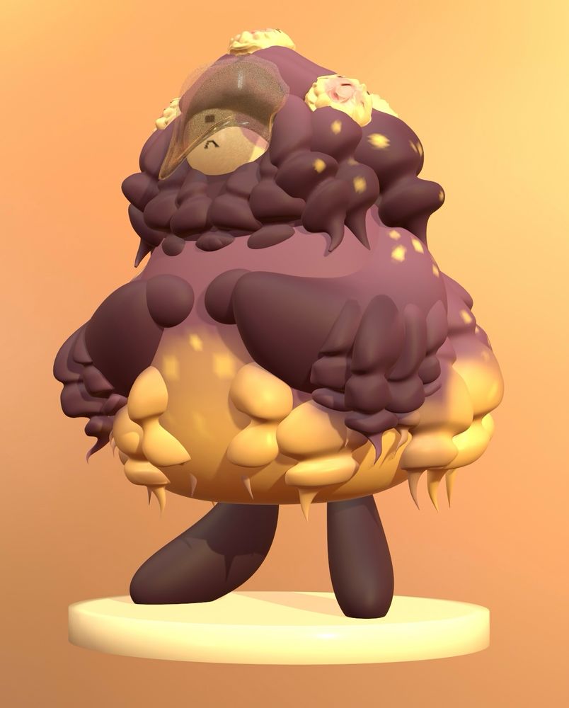 Painted 3D Sculpt of God Of Grief AU Click Clack, created by sootnuki and gallusgalluss on tumblr. Key design features are thick, curly fur decorated with chrysanthemums, a purple to yellow gradient, and a veil covering his shadowed expression.