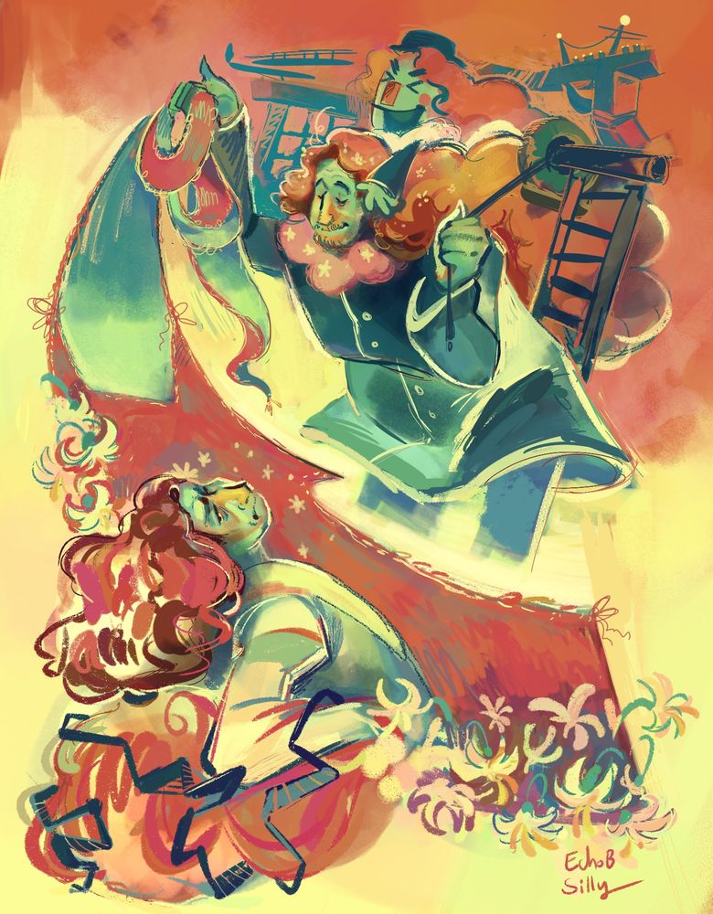 Abstract digital painting of two Dr. Habits and puppet Habit. Dr. Habit in his dentist form takes the bottom left corner, grimacing and surrounded by tooth lillies. Abstract stairs tangle in his hair, and his section of the painting is framed by a tapestry in the shape of the animal featured in the Habitat’s carnival mural. Dr. Habit in his redeemed form takes the top right corner, smiling and surrounded by architecture. Flowers are in his hair, and he holds up the tapestry framing the painting’s lower section. Puppet Habit sits on his head. The colors are vibrant and messy.