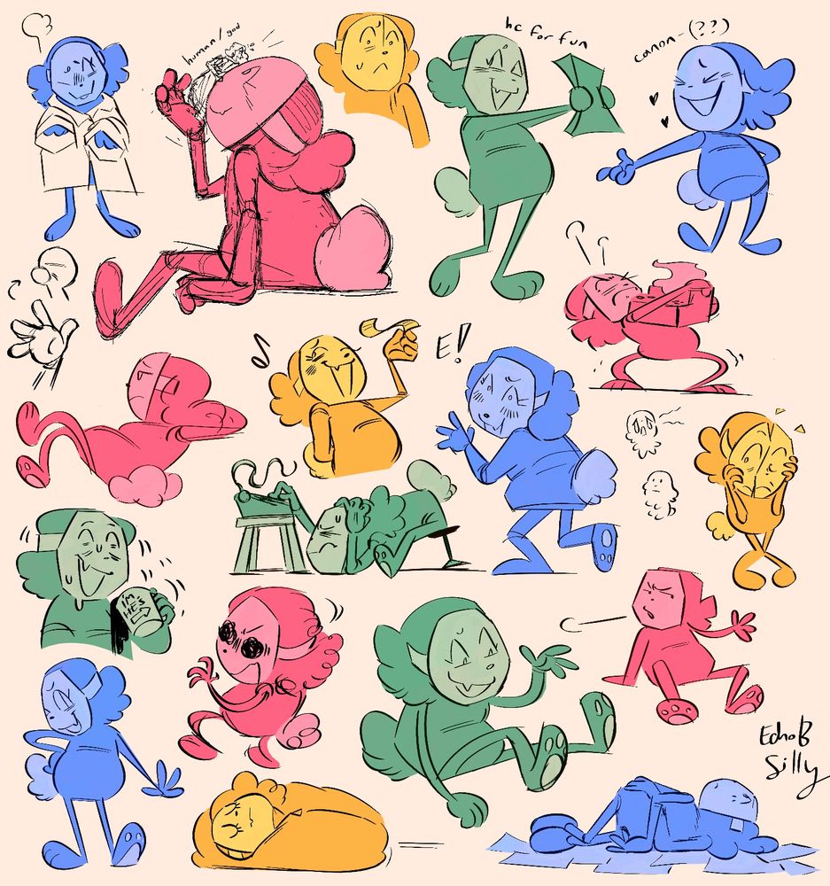 Sketch Page of 18 Click Clacks. From left to right:

1. Click in an oversized shirt.
2. Click propping a human-sized Thespius on his mask.
3. Nervous face.
4. Click with my headcanon features, a fang and proportionately smaller head.
5. Click with canon proportions.
6. Laid back, bored.
7. Smugly holding a script.
8. Click slumped over their typewriter, Georgia, frustrated.
9. Click looking over his shoulder, yelping “E!”
10. Holding Georgia up, legs shaking.
11. Holding his broken mask together.
12. Shaking, smiling, holding a tipping coffee mug that reads “I’m He’s”.
13. Hand on hip pose.
14. Looking behind them, eyes scribbled in fear.
15. Sleeping in a sleeping bag.
16. Sitting, waving his hand.
17. Sitting, sighing grumpily.
18. Laying in a pile of paper, staring aimlessly at the sky.
