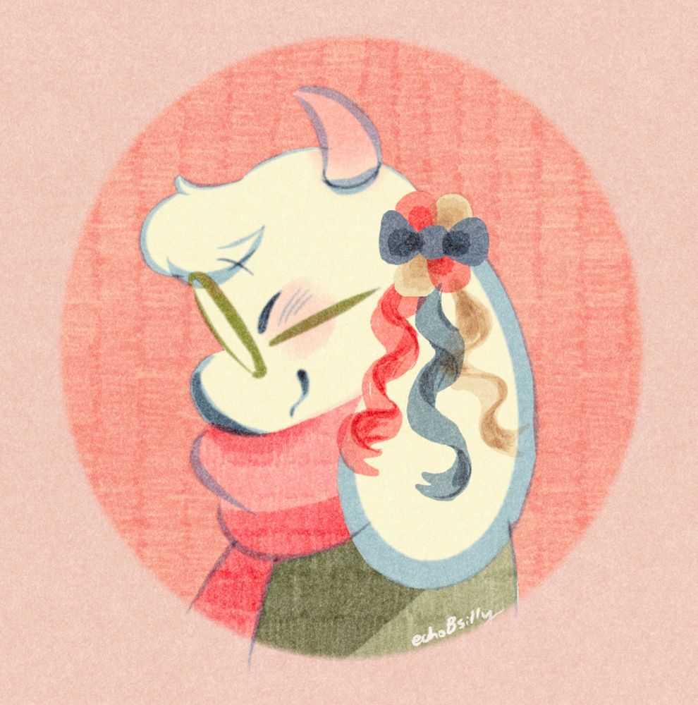 Digital illustration emulating traditional markers of Ralsei’s side profile, smiling and eyes closed. She wears a bow with Pink, Blue and White ribbons.