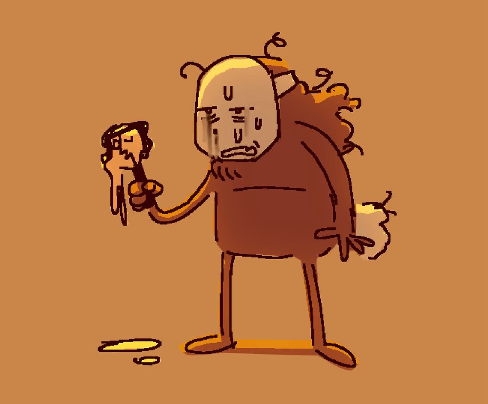 doodle of click clack uncomfortably sweating in the sun, holding a melting thespius shaped popsicle.
