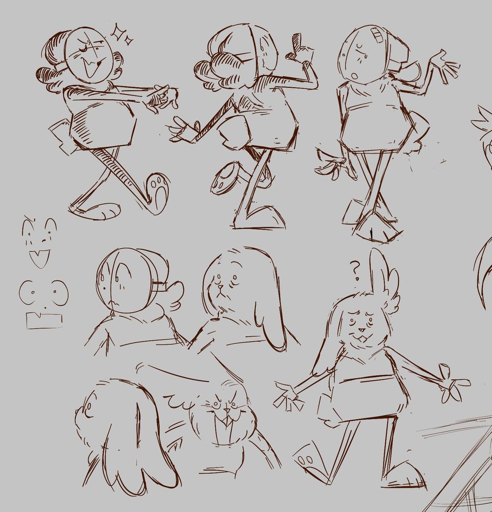 Digital sketch page of 10 click clacks.
1. Click clack walking, smugly stretching their fingers out.
2. Standing, back to the viewer with one foot up and a hand pointing up, smiling.
3. Front view, hand posed outstretched, annoyed.
4. Two sketch faces of click clack smiling and in shock.
5. Two busts, masked and un-masked, showing an old bunny face.
6. Back view of unmasked click clack, showing their ears down.
7. Unmasked click clack, smiling maniacally with his ears back.
8. Unmasked click clack, standing with one ear up.
