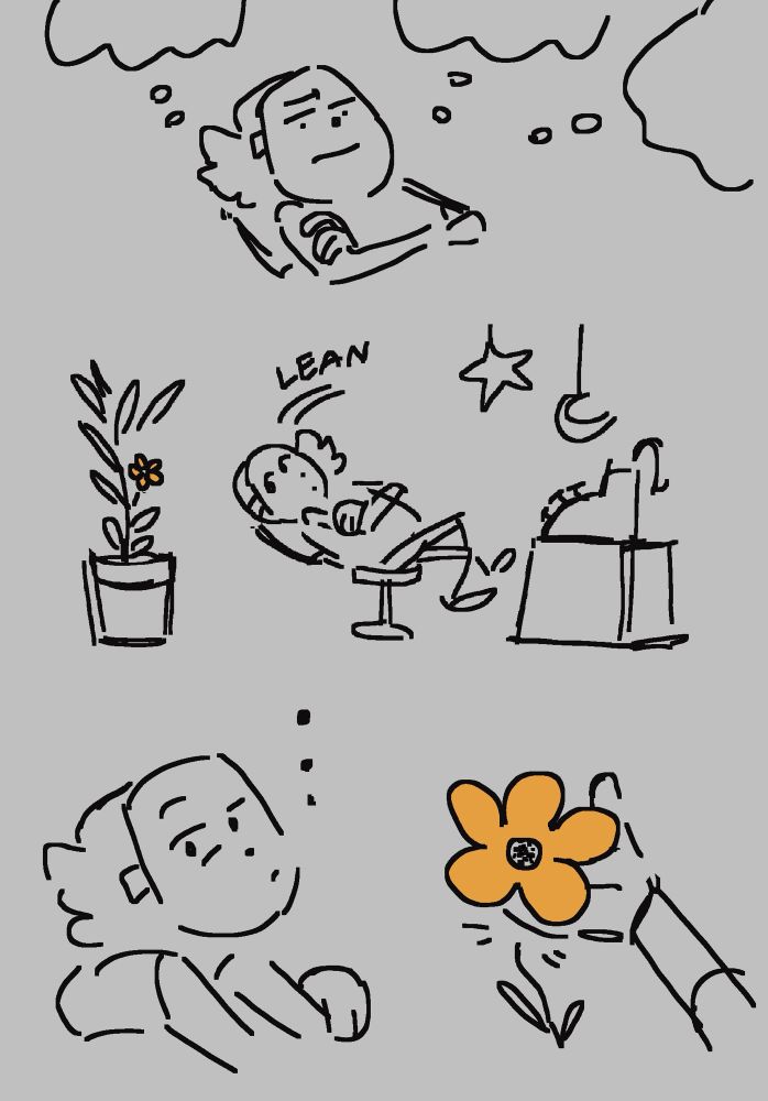 Simple 4 page sketch comic, 1 of 4.

Panel 1: Click clack sits with writers block in his studio. 

2: He leans back on his chair, towards a potted flower.

3: They think.

4: They pluck the flower.