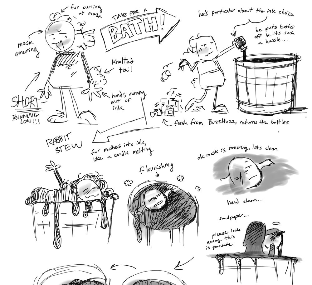 Digital sketch comic about Click Clack taking a bath.

Page 1 of 3.
Panel 1: A scruffy Click Clack. Arrows point toward details: Mask smearing, fur curling at mask, knotted tail, hands running out of ink, SHORT, running low! Arrow reading “TIME FOR A BATH!” points to panel 2.
2: Click clack fills a tub with ink bottles. Notes around read: He’s particular about the ink choice, he puts baths off because it’s such a hassle (to fill the tub). Ink is fresh from BuzzHuzz, returns the bottles.
3: His body melted into the ink. Notes read “Rabbit stew. Fur mushes into ink, like a candle melting.” 
4: Their mask floats in the bath. “Flourishing.”
5: Their eye smears. “ok mask is smearing, let’s clean.”
6: Half-melted click clack scrubs their mask. “hand clean… sandpaper… please look away this is private.”