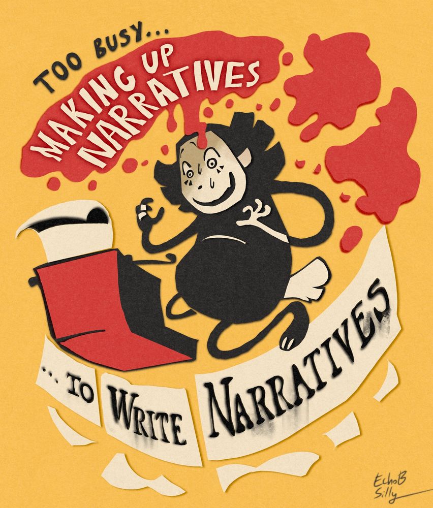 Digital illustration emulating paper craft. Click Clack nervously sits at his typewriter with a manic smile. Typography around him reads “Too busy… MAKING UP NARRATIVES… To WRITE NARRATIVES”
