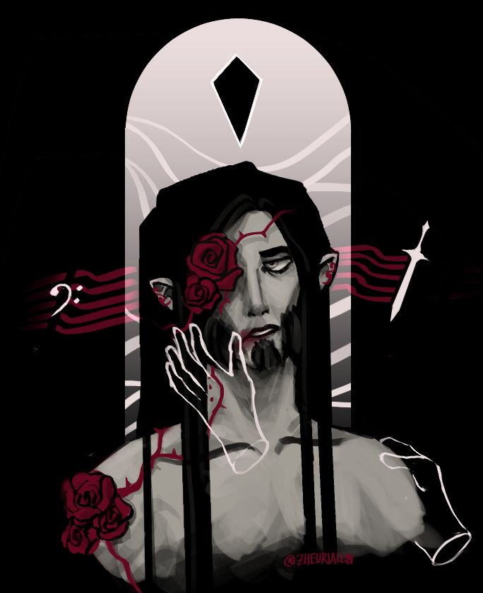 Drawing of Iveldar, an elf man, down to shoulders in a mostly monochromatic coloring scheme, accented by dark red. 
He gazes upwards with a furrowed expression, teeth partly grit as an outline of a hand caresses the crimson stain streaking from it. Another hand is placed on his left shoulder. His hair flows down, blending into the background. There are red roses with thorny vines crawling from his right shoulder up towards his right eye. 
Behind him is an arched window-like shape, with simple wave design and a shard floating above, pointing downwards. A translucent red musical stave starts on the left with a bass clef, passes his head, and is cut off on the right with a sword. 