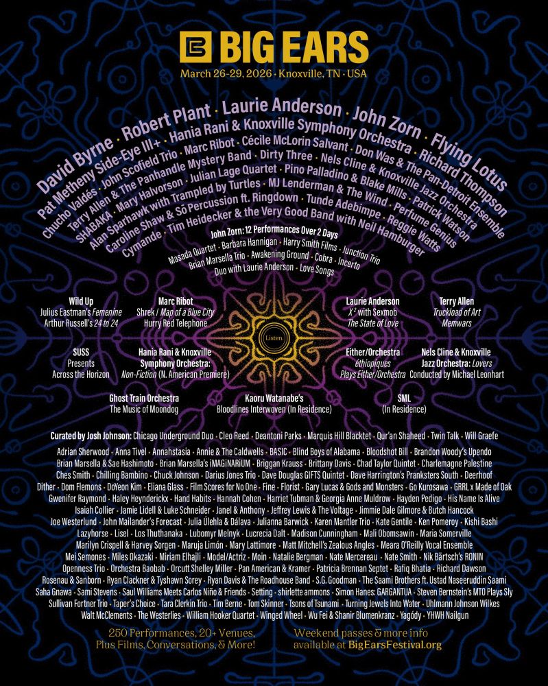 Big Ears 2026 lineup poster with too many artist names to list. Available at bigearsfestival.org