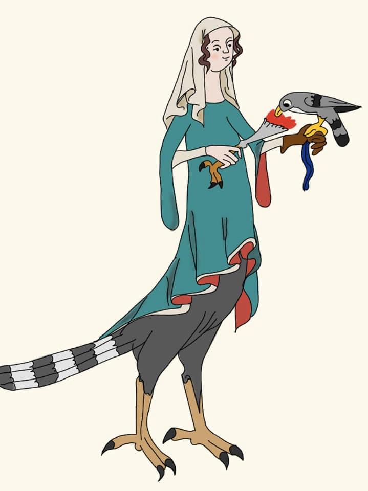 A nun with the legs and butt of a bird feeds a bird leg to a bird. 