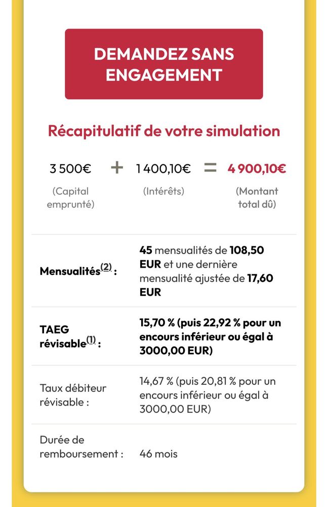 Offre de prêt de 3500 EUR remboursé en 45 mensualités de 108,50 EUR et une dernière mensualité ajustée de 17,60 EUR