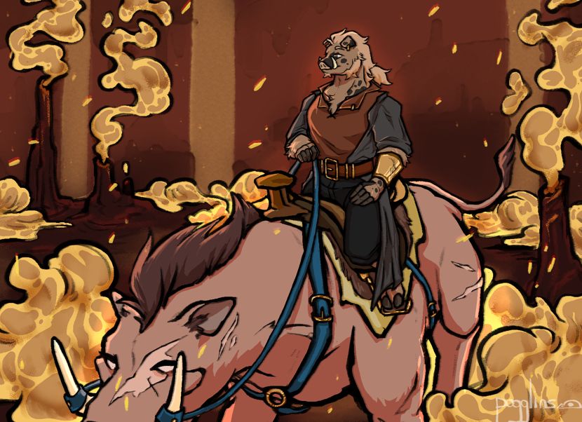 A digital illustration by pogglins depicting a piglin named sprig riding atop a hoglin mount. Sprig, a muscly light beige piglin with dark splotches wears loose leather armour and sits with confidence and pride on the steed. They walk through vents in the nether that billow out yellow smog.