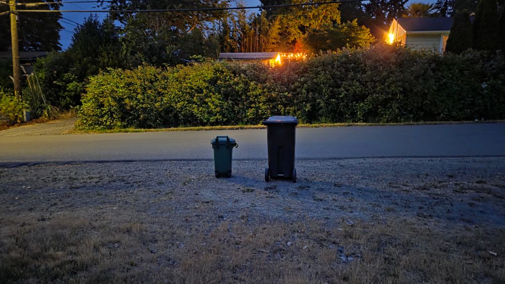 Two garbage bins at the curb after sunset