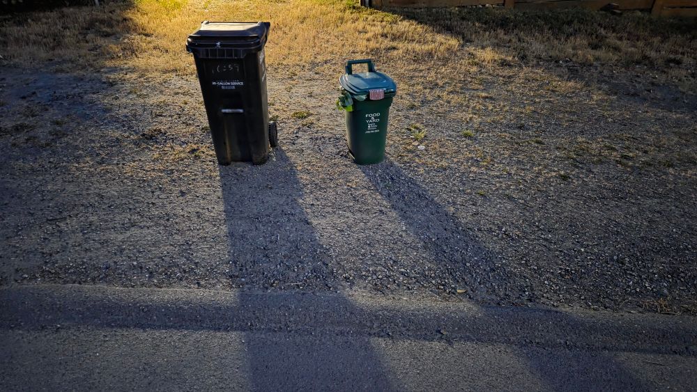 Two garbage bins at the curb after sunset