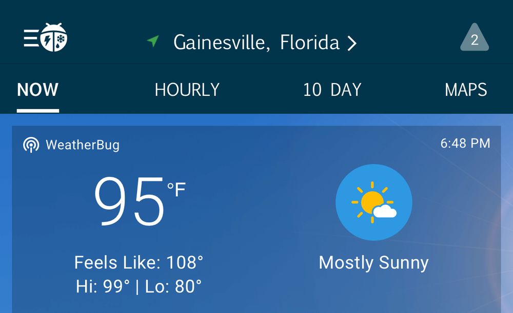 A screenshot of the current weather showings it’s 95 degrees Fahrenheit at almost 7 pm. 