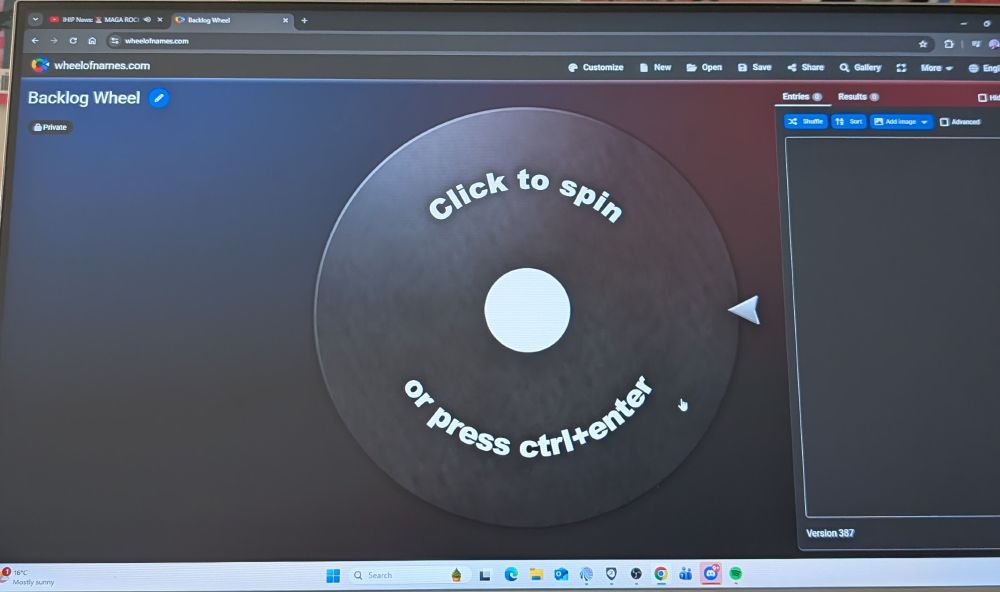 A photo of a computer screen that shows a spinning wheel that hasn't been populated yet. It is called a Backlog Wheel. 