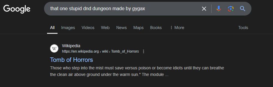 Google search asking "that one stupid dnd dungeon made by gygax" and top answer is from Wikipedia " Tomb of horrors"