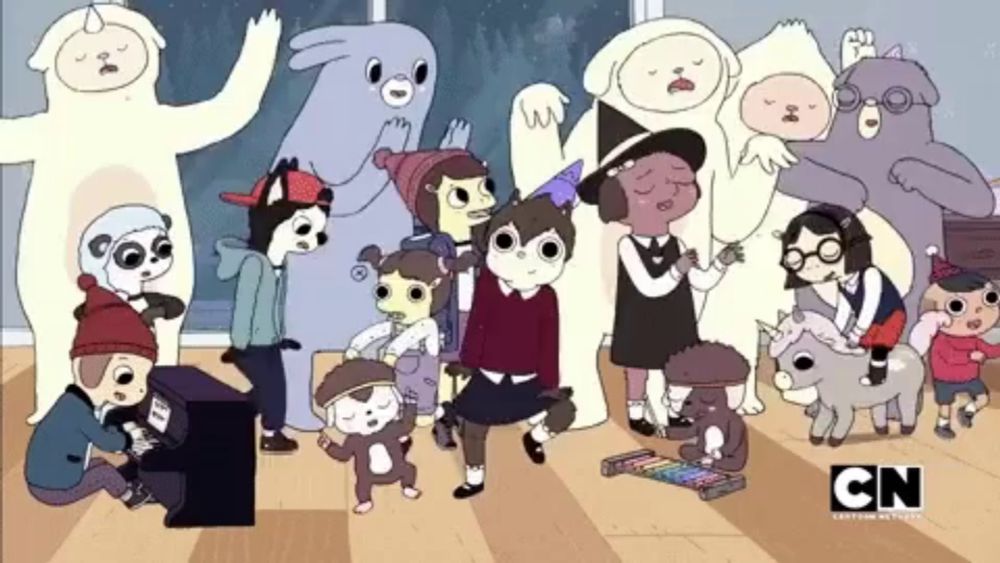 a group of cartoon characters are gathered in a room with the cn logo on the bottom