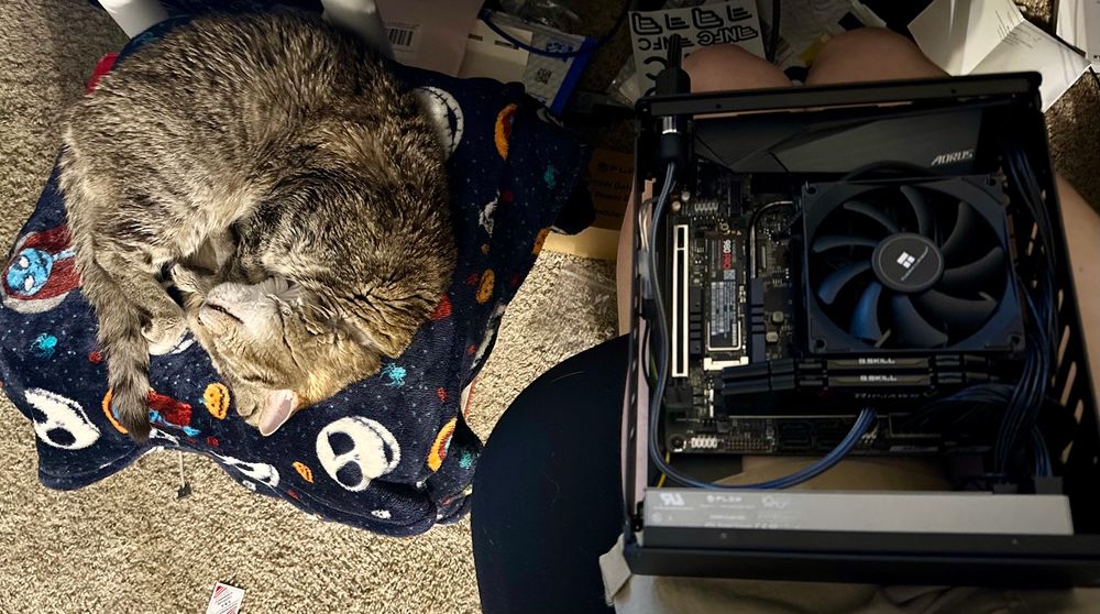 on the right, a Skyreach 4 Tiny small form factor PC case lying in a girl’s lap with board, power supply and everything assembled within

on the left, a very tired cat snoozing away while on supervisor duty
