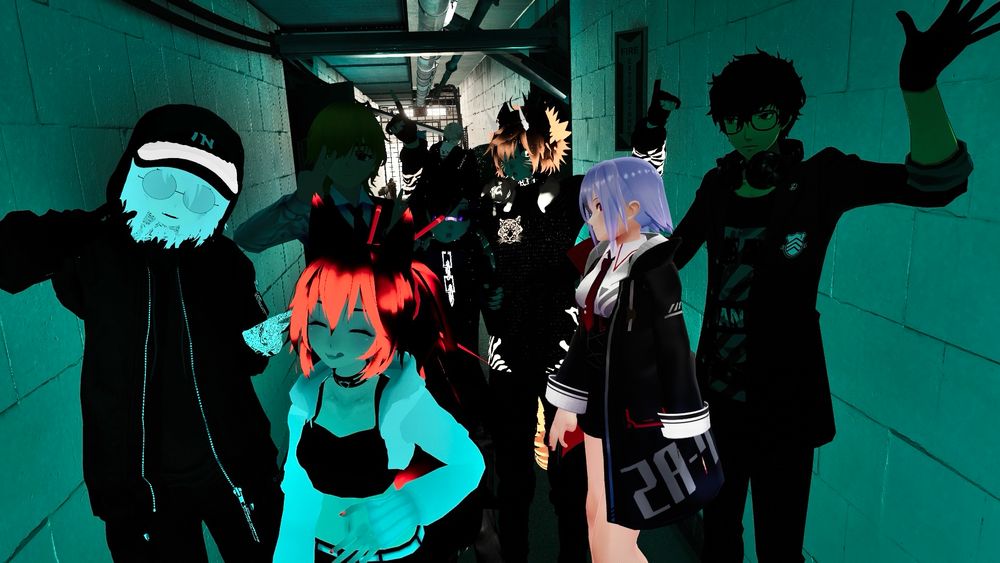 a bunch of web3/crypto nerds hanging out at SHELTER circa ~2021, with some doofy-smiling red-haired fox girl at the front