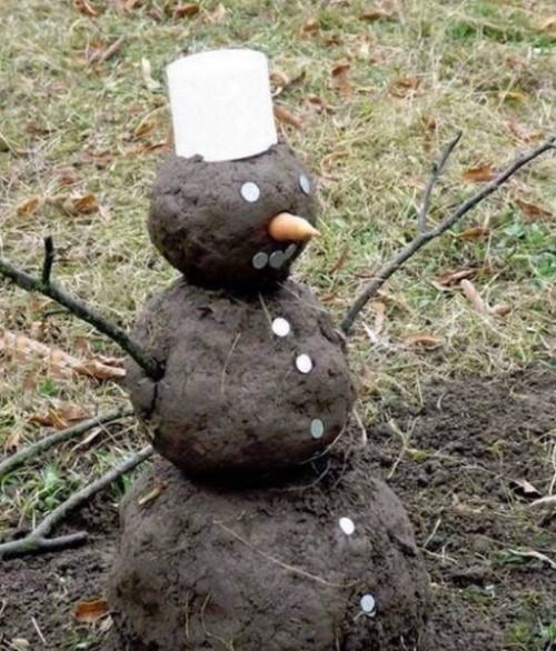 Ein Schneemann aus Matsch steht im Freien. Er hat einen Karotten-Nase, zwei runde, weisse Augen und mehrere runde, weisse Knöpfe auf dem Bauch. Zwei Äste dienen als Arme. Auf dem Kopf trägt er eine Rolle weisses Toilettenpapier als Hut.