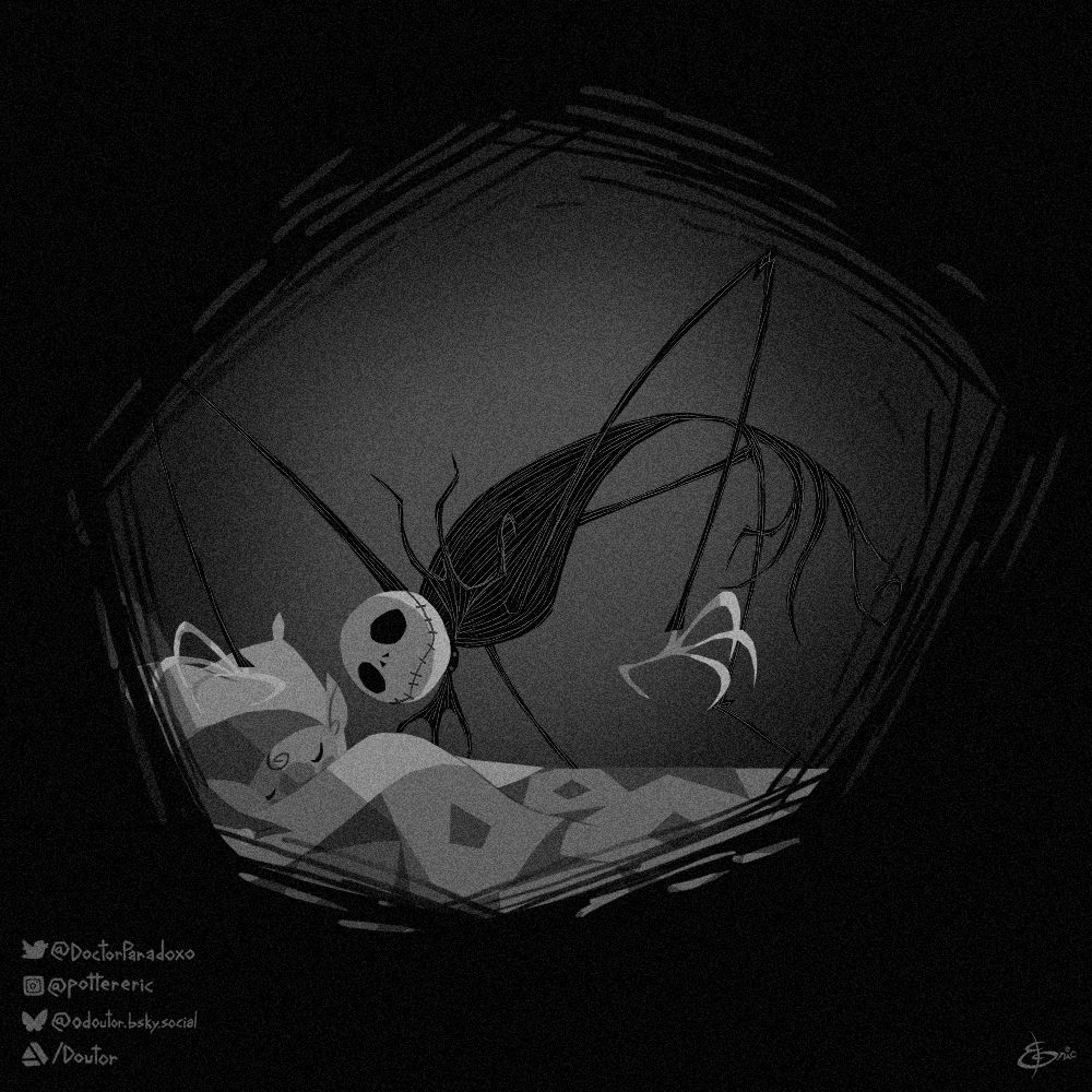 Jack Skellington observing an elf child while sleeping.