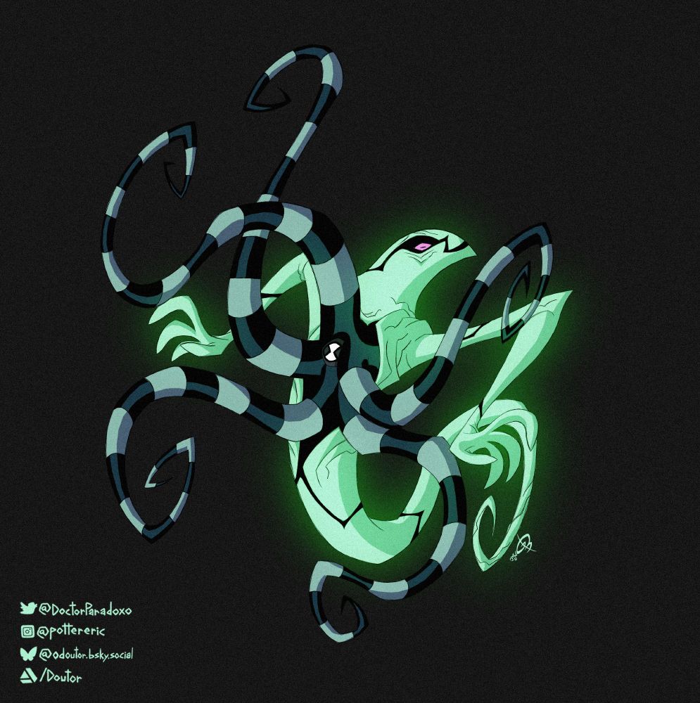 Ghostfreak from Ben 10, a ghost-like alien with striped tentacles coming out his chest.