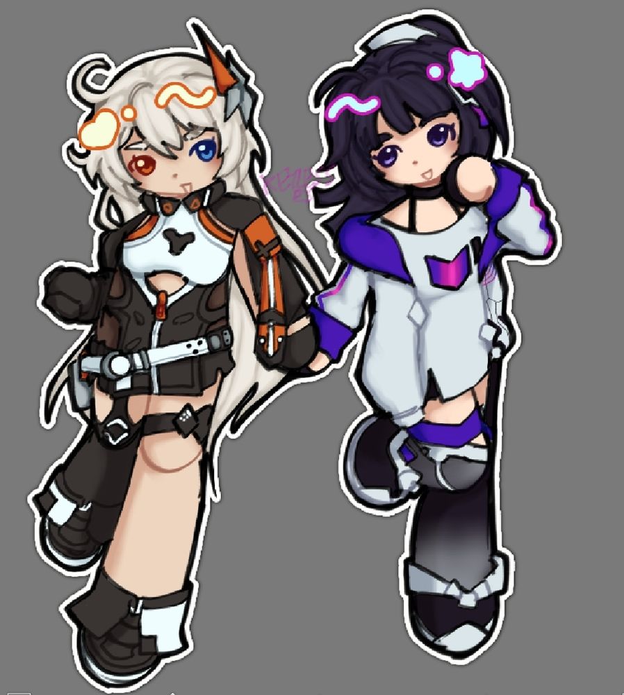 a chibi drawing of void drifter kiana and striker fulminata mei holding hands