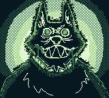 Game Boy style artwork of a scary werewolf grimacing menacingly with blood dripping from his teeth