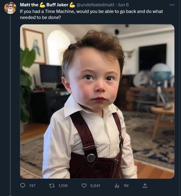 A tweet from @undefeatedmatt asking if you had a Time Machine, would you do what needed to be done, with a picture of a toddler Elon musk beneath 
