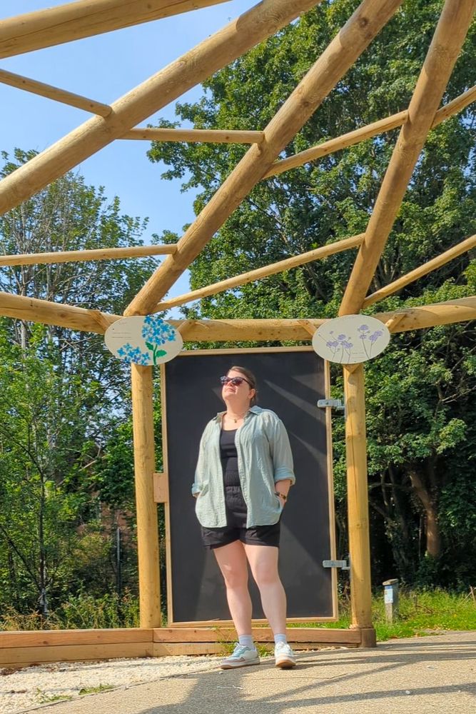 me stood in front of a blackboard under a wooden pagoda in a sunny park. i'm wearing a green button down shirt over a black vest top and shorts, white, green and pink trainers, and sunglasses. i have my hands in my pockets and im looking up and off to the side, very nonchalant and cool-like.