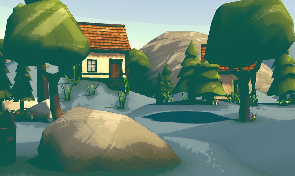 A 3D forest scene with a house in in made to look painterly.