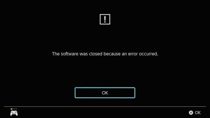 The Switch's default error message screen, it reads "The software was closed because an error occurred."

Most commonly seen because the current software has used up it's allocated system memory.