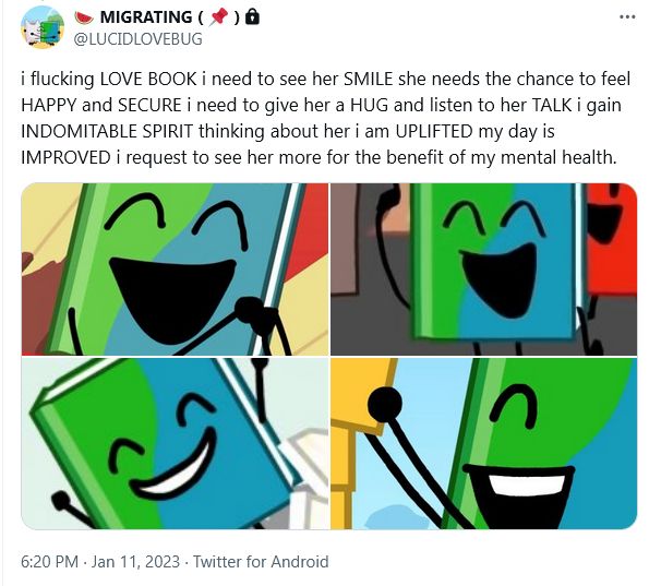 various screenshots of book smiling from bfb and tpot episodes
"i flucking LOVE BOOK i need to see her SMILE she needs the chance to feel HAPPY and SECURE i need to give her a HUG and listen to her TALK i gain INDOMITABLE SPIRIT thinking about her i am UPLIFTED my day is IMPROVED i request to see her more for the benefit of my mental health."
