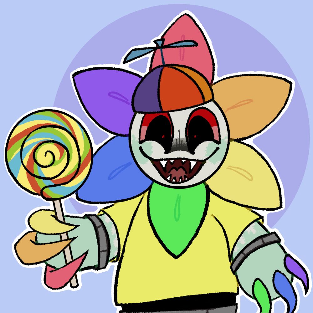 Twisted Dandy dressed up in a comical propeller hat and yellow t-shirt and holding a large rainbow swirl lollipop. He has a cheerful facial expression similar to his attacking expression ingame.