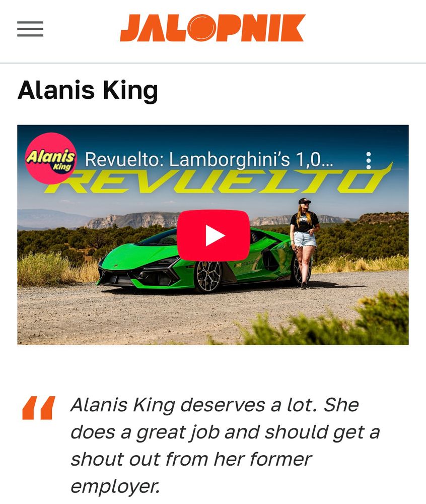 A Jalopnik story suggesting Alanis’ YouTube channel 