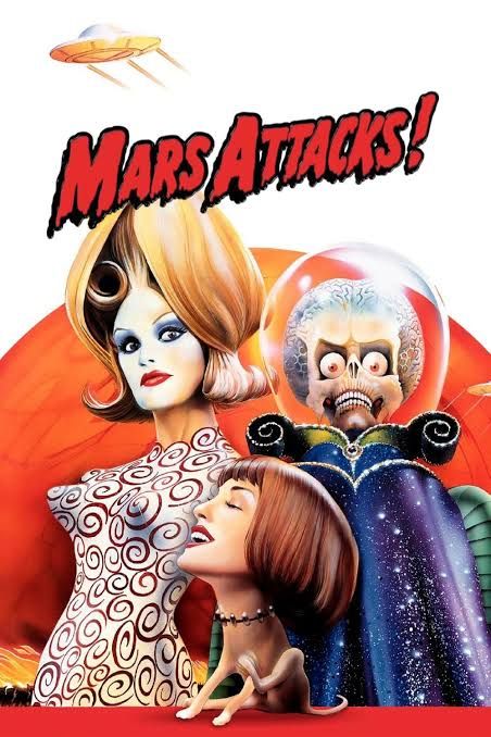 Poster do Mars attacks onde tem 2 alienígenas um com o cérebro aparente e grande juntando no crânio como se não tivesse uma proteção externa, olhos arregalados, com uma espécie de capacete de vidro, e uma túnica, um outro com características mais femininas, cabeçudo com cabelos até o pescoço e maquiagem e vestido, tbm tem um cachorro com cabeca de mulher humana, tem cima ontitlu "Mars attacks!" Com uma nave sobrevoando e de fundo o planeta marte